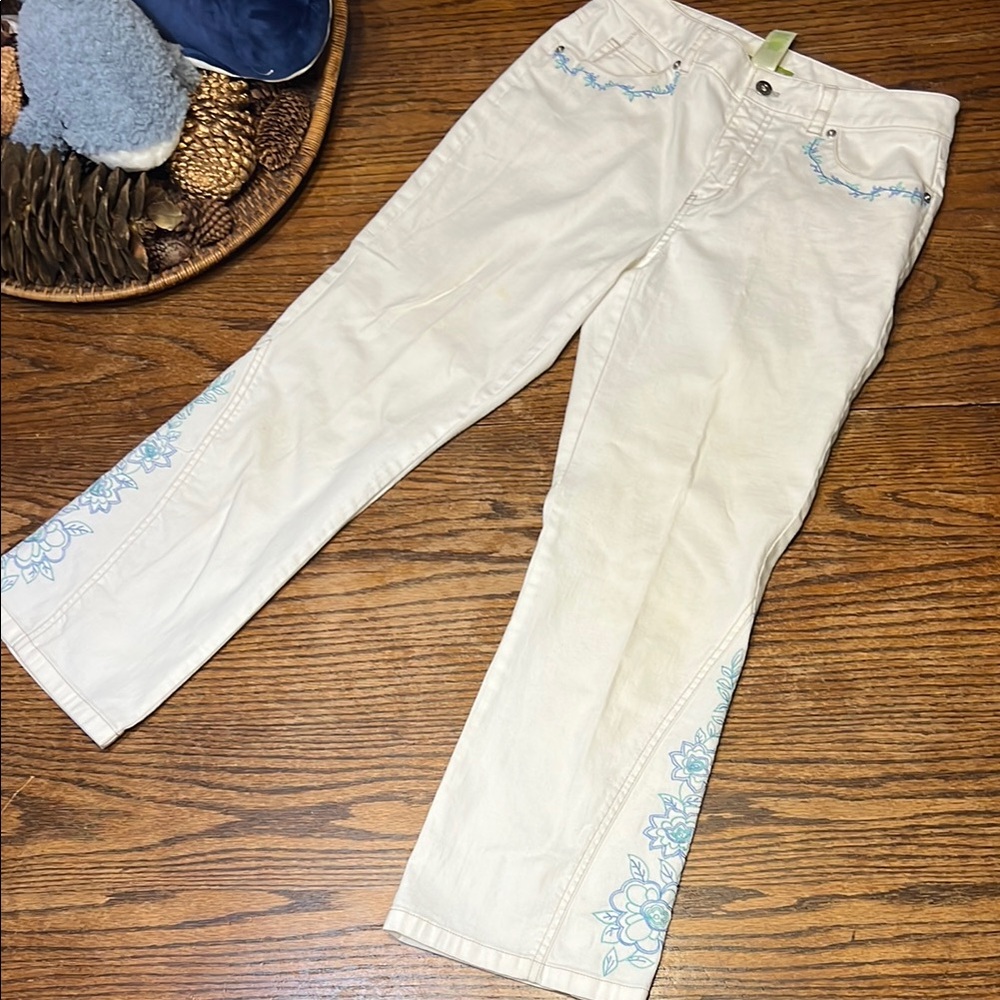 Sigrid Olsen Modernist Flare  Jeans with embroidered Blue Floral detail